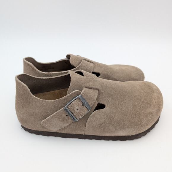 Birkenstock London Buckle Clog Suede Taupe Logo Unisex Size M4/W6 EU37 - Picture 3 of 12